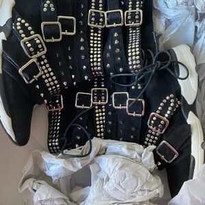 Jeffrey Campbell Black Suede Studded Buckle Boots